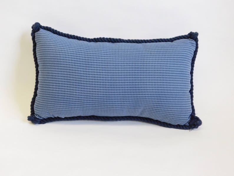 Dark Blue Shell Pattern Rectangle Pillow with Mini-Plaid on Back and Dark Blue Rope Trim image 2