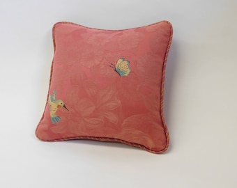 Pink Hummingbird, Butterfly and Bee Pattern Square Pillow with Striped Fabric on Back
