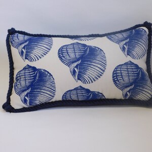 Dark Blue Shell Pattern Rectangle Pillow with Mini-Plaid on Back and Dark Blue Rope Trim image 1