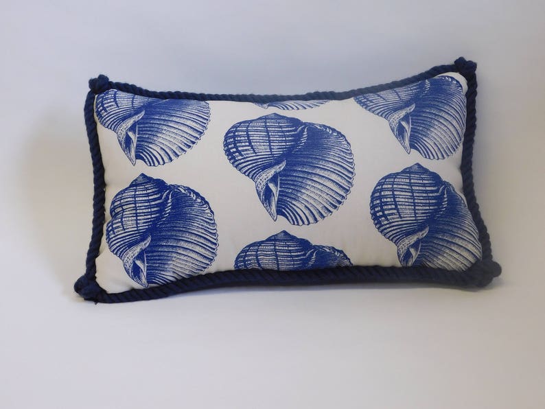 Dark Blue Shell Pattern Rectangle Pillow with Mini-Plaid on Back and Dark Blue Rope Trim image 1