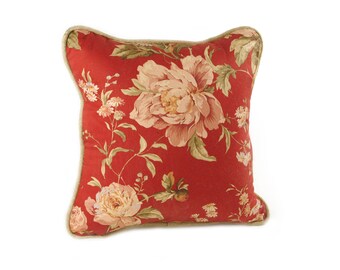 Square Burgundy Floral Pillow with Taupe Woven Cotton on Back