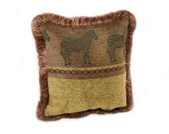 Brown and Taupe Medium Patterned Square Zebra Pillow with Cranberry Fringe