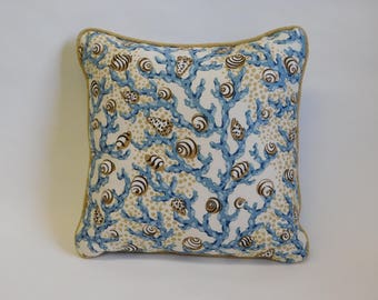 Beige Shells/Blue Coral Pattern on Off-White Background Square Pillow