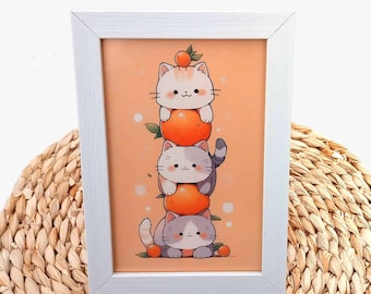 Print avec cadre A6 (carte de voeux), A5, A4, 2 chats en colonne avec des oranges