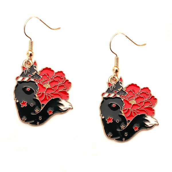 Boucles d'oreilles renard avec fleur rouge