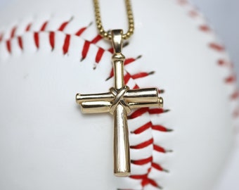 Men's 14k Gold Baseball Bat Cross Necklace