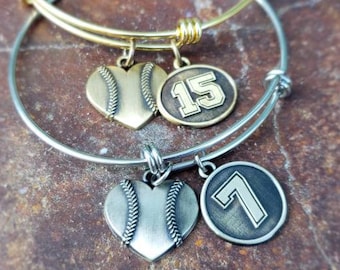 Baseball-Softball Heart Charm Bracelet with Jersey Number