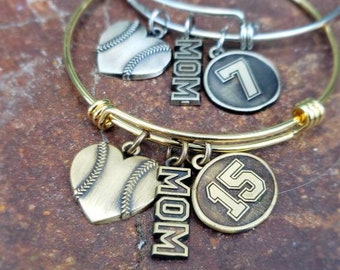 Baseball, Softball, T-ball, Heart, Mom Charm, Jersey Number, Charm Bracelet