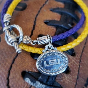 LSU Sterling Silver, Leather Charm Bracelet