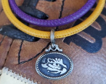 LSU, Tigers, Antiqued Coin Charm Bracelet on Purple & Gold Nappa Leather