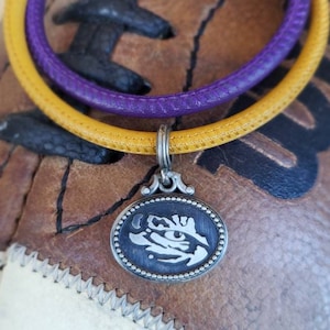 LSU, Tigers, Antiqued Coin Charm Bracelet on Purple & Gold Nappa Leather