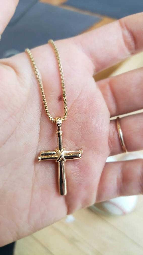 14k Gold Baseball Bat Cross Necklace 