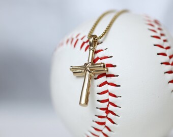 14k Gold Baseball Bat Cross Necklace 