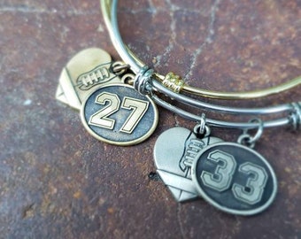 Personalized Football Heart Jersey Number Charm Bracelet