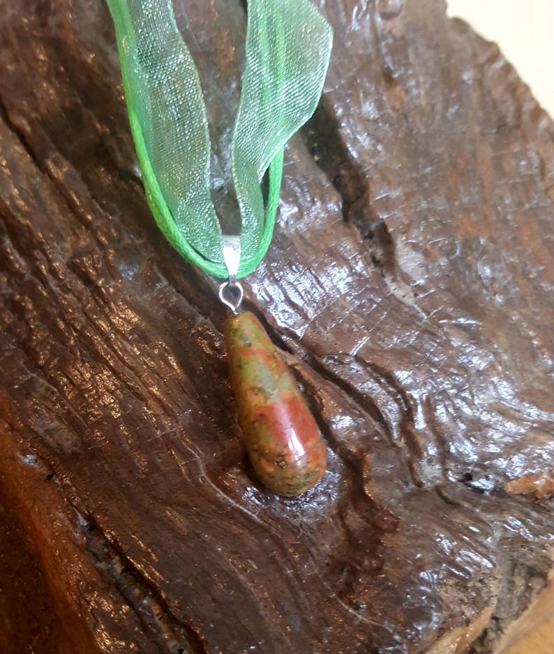 Unakite gemstone teardrop pendant necklace on waxed cord and ribbon necklace