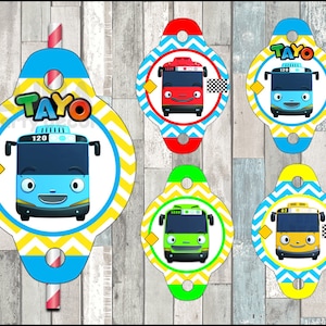 Tayo the Little Bus straw tags instant download, Printable Tayo the Little Bus party straw tags, Tayo the Little Bus straw toppers