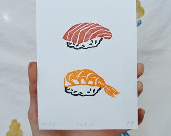Grabado en linóleo de sushi en dos tonos, tamaño A6.