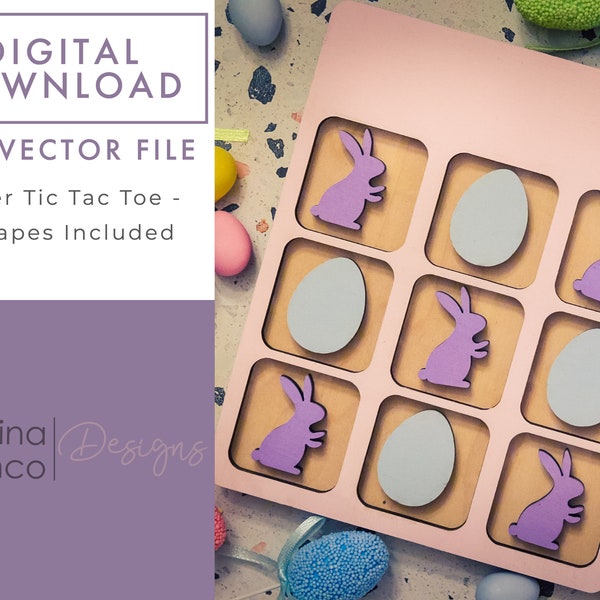 Easter Tic Tac Toe | Glowforge SVG Cut Files | Laser | File Download | Bunny Egg Chick | Game