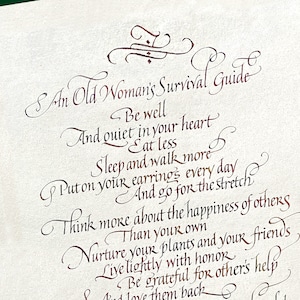 May include: A handwritten calligraphy piece on cream-colored paper with a dark red ink. The text reads "An Old Woman's Survival Guide" with various life advice. The author's name and the year 2020 are at the bottom.