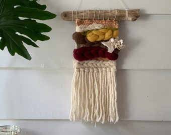 Small Fiber Art Weaving, Natural Wool Roving, Modern Wall Hanging (7x15)