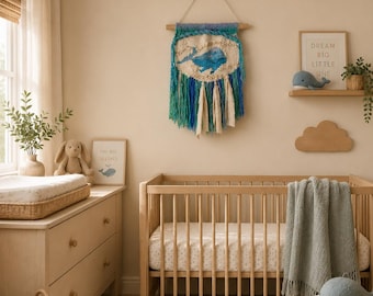 Handmade Woven Whale Tapestry, Nursery Wall Decor