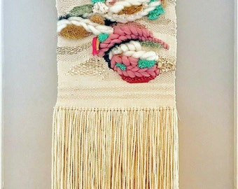 Coral I Woven Tapestry, Modern Fiber Art Wall Hanging, 20x48