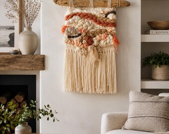 SUNLIT Blush Roving Wool Wall Hanging, Handmade Fiber Art Tapestry, 14x23