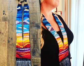 Woven Fiber Necklace, Rainbow Bohemian Art
