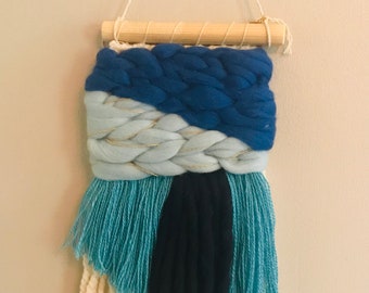 Blue Wave Tapestry: Handmade Woven Fiber Art Wall Hanging