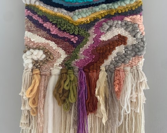 Geode Fiber Art Wall Hanging, Rainbow Loom Woven Decor (20x24")