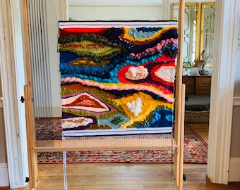 Rainbow Wool Woven Wall Hanging, Modern Fiber Art, 23" x 23"