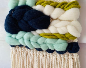 Handmade Woven Wall Hanging, Blue Fiber Art Decor (11x17)