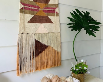 Geometric Wool Roving Wall Hanging, Modern Native American Tapestry (19x28)