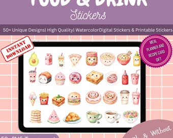 Kawaii Food Stickers | Drink Stickers, Planner Scrapbook (PNG Digital Download