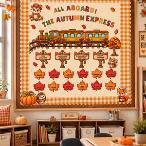May include: A classroom bulletin board display titled ALL ABOARD! THE AUTUMN EXPRESS featuring a train, fall-themed station signs, and red and orange maple leaf cutouts with names including Alex, Sofia, Lucas, Emma, Hanna, Luka, Leo, Max, Iris, Zoe, Alma, and Emil.