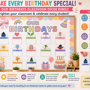 May include: A classroom birthday display bundle featuring a large board with twelve month-labeled sections, each decorated with seasonal icons like a sun, cake, and gift. The text reads "MAKE EVERY BIRTHDAY SPECIAL!" and "OUR BIRTHDAYS".