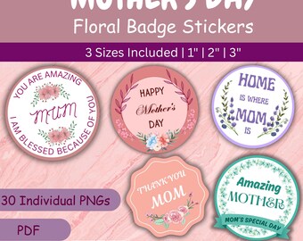 Mother's Day Floral Badge Stickers, Watercolor Flower Clipart, Gift Tags (Digital Download)