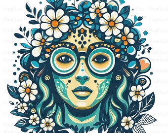Folk Art Floral Woman Clipart, Teal Coral Cream, Boho Portrait Design (Digital Download)