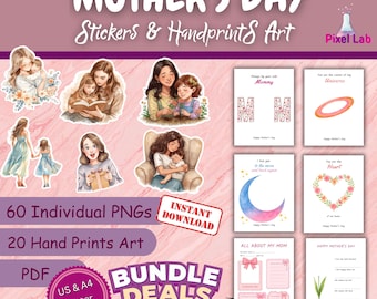 Mother's Day Watercolor Clipart Bundle, Handprint Keepsake Craft, Mom Baby PNG (Digital Download)