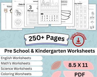 Preschool Kindergarten Worksheet Bundle | English, Math, Science (Printable PDF)