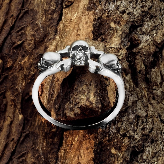 Gothic Skull Ring, Sterling Silver Skull Heads Ring, Birthday