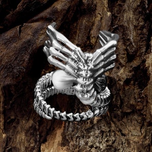 Fantasy Engagement Ring, Alien Ring, Xenomorph, Facehugger  - Sterling Silver Punk Jewelry, Inspired Giger