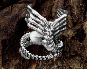Fantasy Engagement Ring, Alien Ring, Xenomorph, Facehugger  - Sterling Silver Punk Jewelry, Inspired Giger