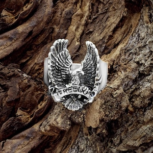 Sterling silver eagle signet ring, hawk with engraving freedom ring for men, bald eagle ring, American eagle ring, eagle lover gift
