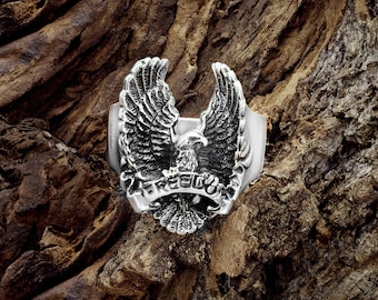Sterling Silver Eagle Signet Ring, Freedom Biker Ring