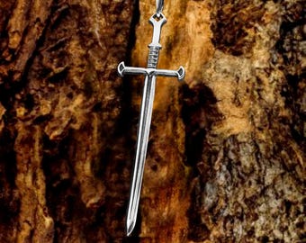 Medieval Sword Pendant Necklace for Men, Fantasy Viking Jewelry in Silver Tone, Knight Cosplay Gift, LARP Accessory or Heroic Style Charm