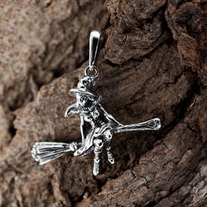 Sterling Silver Witch on Broom Pendant, Gothic Esoteric Necklace