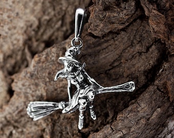 Sterling Silver Witch on Broom Pendant, Gothic Esoteric Necklace