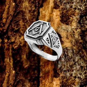 Silver masonic ring for men, custom masonic signet ring, eye in a triangle ring, free masonic symbol gifts, jewelry for Freemasonry
