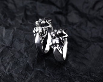 Vampire Couple Rings Gothic Embrace, Dracula Ring Set Lovers in Sterling Silver Dark Romance Engagement or Gothic Wedding Promise Rings